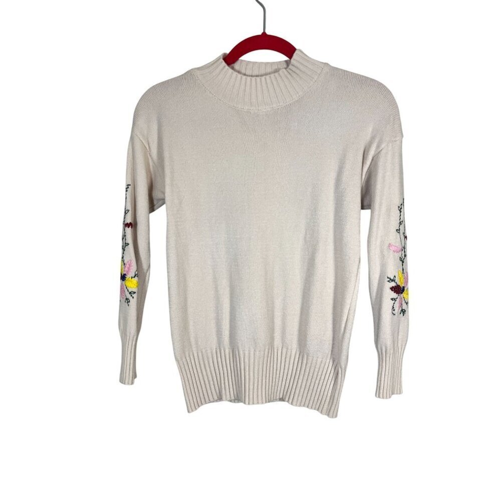 Retro Floral Embroidery Sweater Cream S Boho Western Hippie Chic Preppy 80s